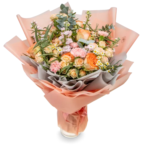 kytice růží, karafiátu a matthiol